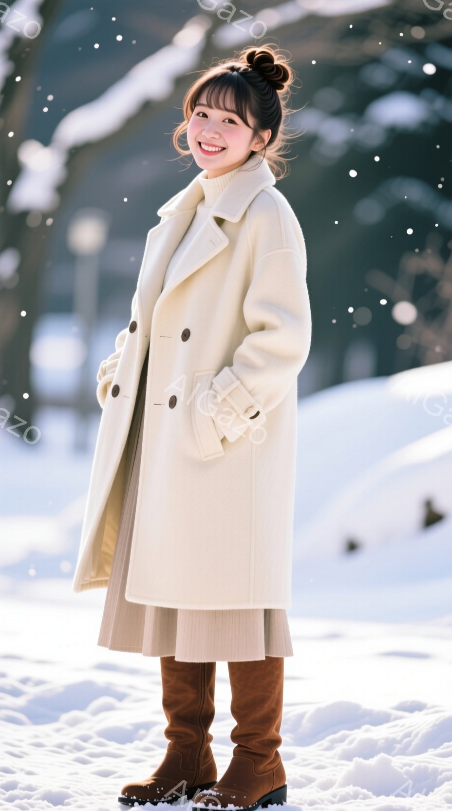 画像には、雪景色の中で、オフホワイトのオーバーサイズコートとベージュのニットスカートを着用した若い女性が写っています。彼女は茶色の膝丈ブーツを履き、微笑みを浮かべてカメラを見ています。背景には雪に覆われた風景が広がり、冬の穏やかで心地よい雰囲気が漂っています。