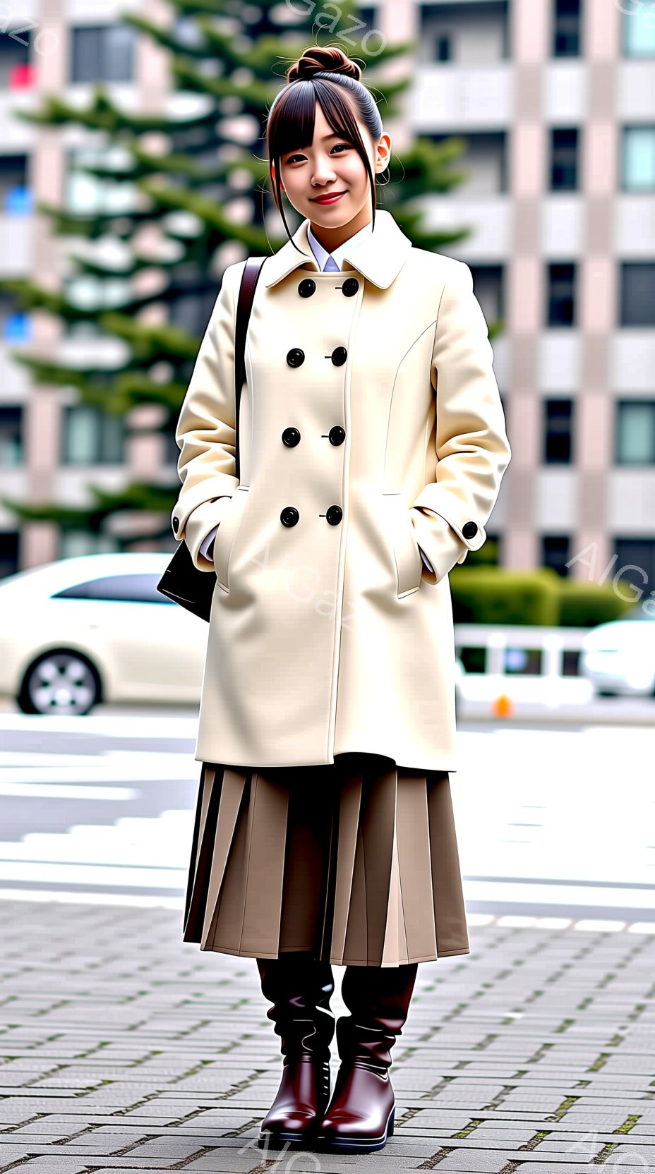 若い女性が、クリーム色のオーバーコート、茶色のプリーツスカート、そして茶色のブーツを身に着けて立っています。彼女は微笑んでおり、髪はハーフアップで、落ち着いた雰囲気を醸し出しています。背景には、モダン - AI生成フリー素材