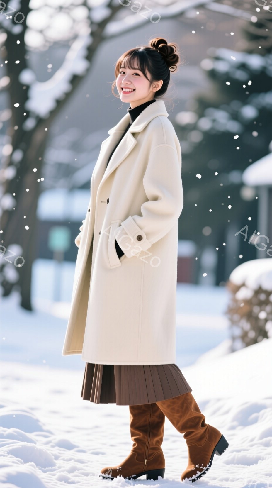 白いオーバーサイズのコートを着た若い女性が、茶色のプリーツスカートとブーツを履いて雪の中に立っています。彼女は髪を後ろでまとめ、微笑んでいます。背景には雪に覆われた木々と建物があり、冬の静かで穏やかな - AI生成フリー素材