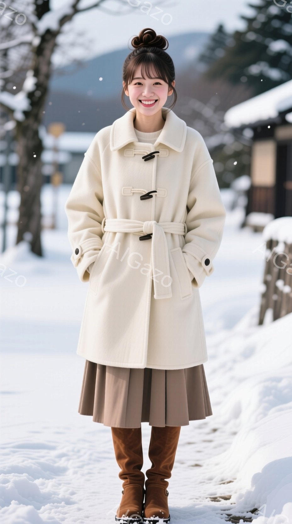 白い膝丈のコートを着た女性が、茶色のプリーツスカートと茶色のブーツを履いて雪の中に立っています。彼女は笑顔で、髪を高くまとめています。背景には雪に覆われた道と木々、そして遠くに建物が見え、冬の穏やかな - AI生成フリー素材