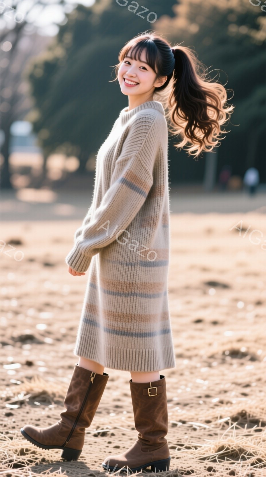 明るい笑顔の女性が、ベージュとグレーのストライプのニットワンピースとブラウンのブーツを着用して立っています。彼女は髪をハーフアップにし、リラックスした姿勢でわずかに体を傾けています。背景は乾燥した草地 - AI生成フリー素材