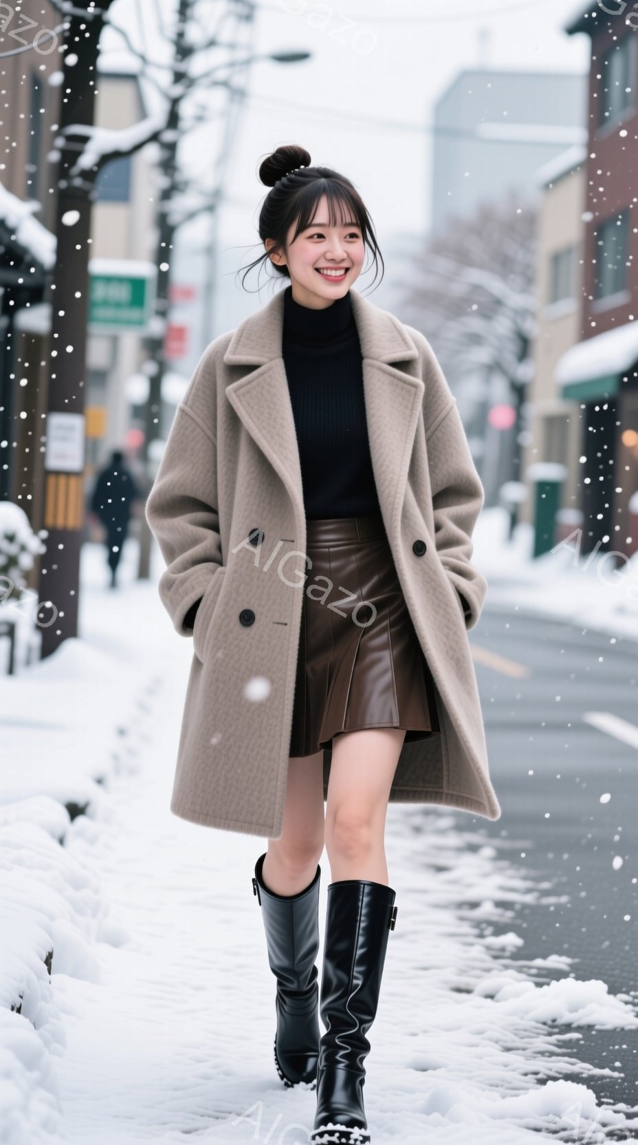 長いキャメル色のコートを着た若い女性が、凍てつく雪の道を歩いています。黒のタートルネックセーターと革のスカート、そして膝丈の黒いブーツを合わせ、笑顔でカメラを見ています。背景には雪に覆われた建物と道路 - AI生成フリー素材