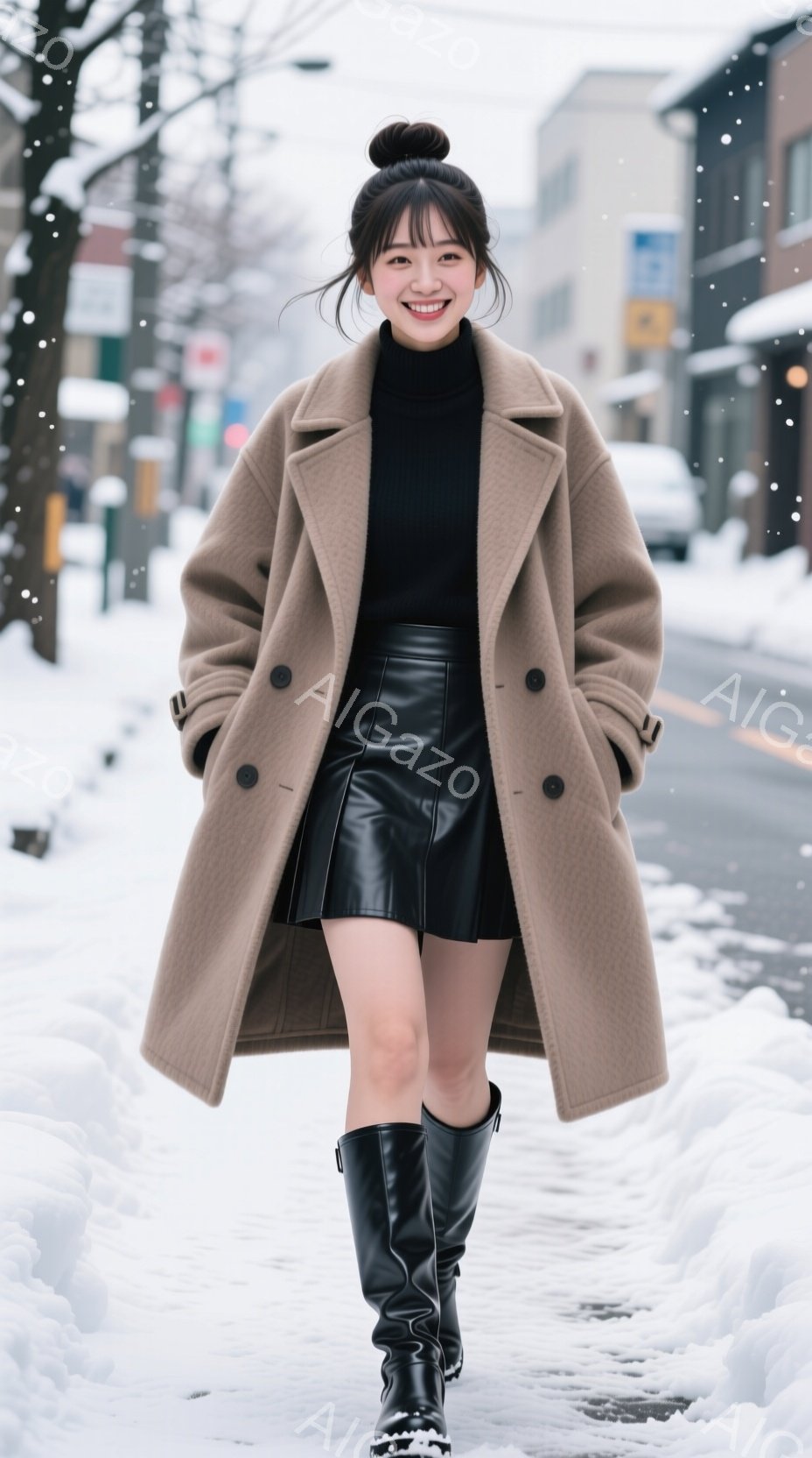 女性は、ベージュ色のオーバーサイズコート、黒のタートルネックセーター、黒のミニスカート、黒のロングブーツを着用し、雪道の中を歩いています。彼女は微笑んでおり、髪は後ろで結んでポニーテールになっています - AI生成フリー素材