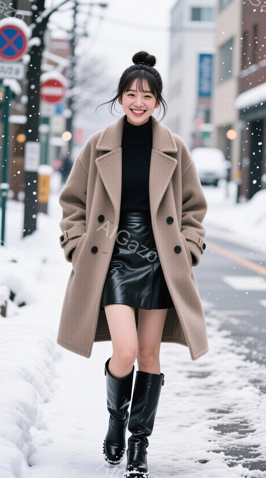 画像は、茶色のオーバーサイズのコート、黒の短いスカート、黒のブーツを身につけた若い女性が写っています。彼女は微笑んでいて、少し前かがみになりながら、雪で覆われた通りを歩いています。背景には建物や道路が - AI生成フリー素材