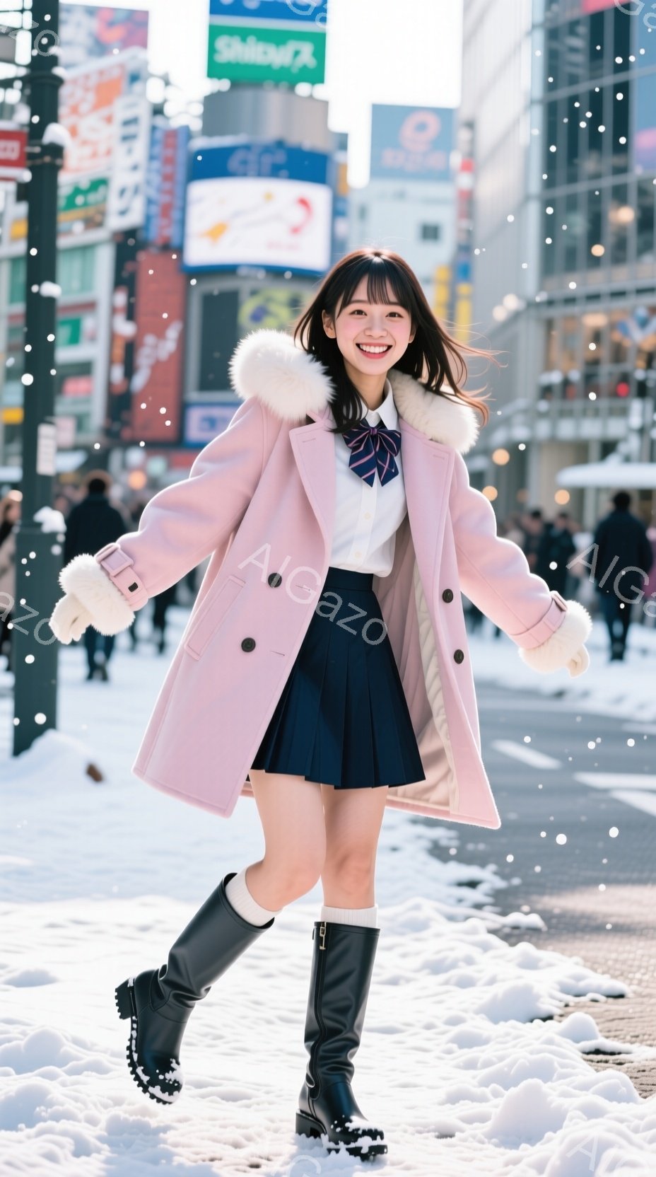 ピンク色の厚手のコートを着た若い女性が、雪の降る街を軽快に歩いている。彼女は白のシャツにネイビーのプリーツスカート、黒のロングブーツを合わせ、明るい笑顔を浮かべている。背景には高層ビルや広告看板が見え - AI生成フリー素材