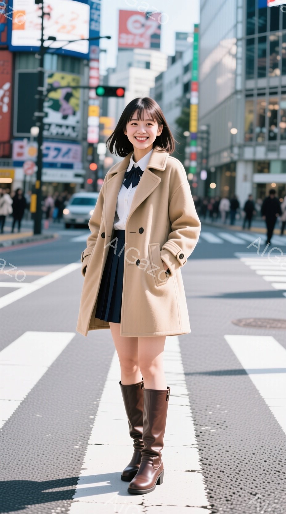 若い女性が横断歩道でポーズをとっています。ベージュのコート、白いシャツ、プリーツスカート、茶色のロングブーツを着用し、笑顔でカメラを見ています。背景には高層ビルが立ち並び、交通信号機が点灯しており、賑やかな都会の雰囲気です。