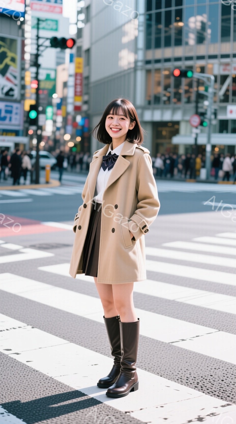 若い女性が横断歩道に立っており、ベージュのトレンチコート、プリーツスカート、膝丈の茶色いブーツを着用しています。彼女は微笑んでおり、髪は肩のあたりで切り揃えられています。背景には高層ビルが立ち並び、多 - AI生成フリー素材