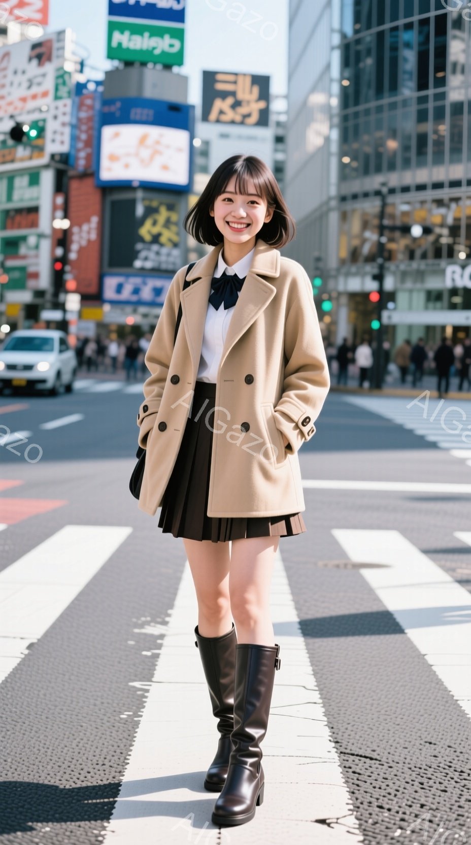 この女性は、クリーム色のオーバーサイズコート、黒いプリーツスカート、ロングブーツを着用し、横断歩道の中央に立っています。彼女は微笑んでおり、髪は前髪を揃えたショートボブです。背景には高層ビルや広告看板 - AI生成フリー素材