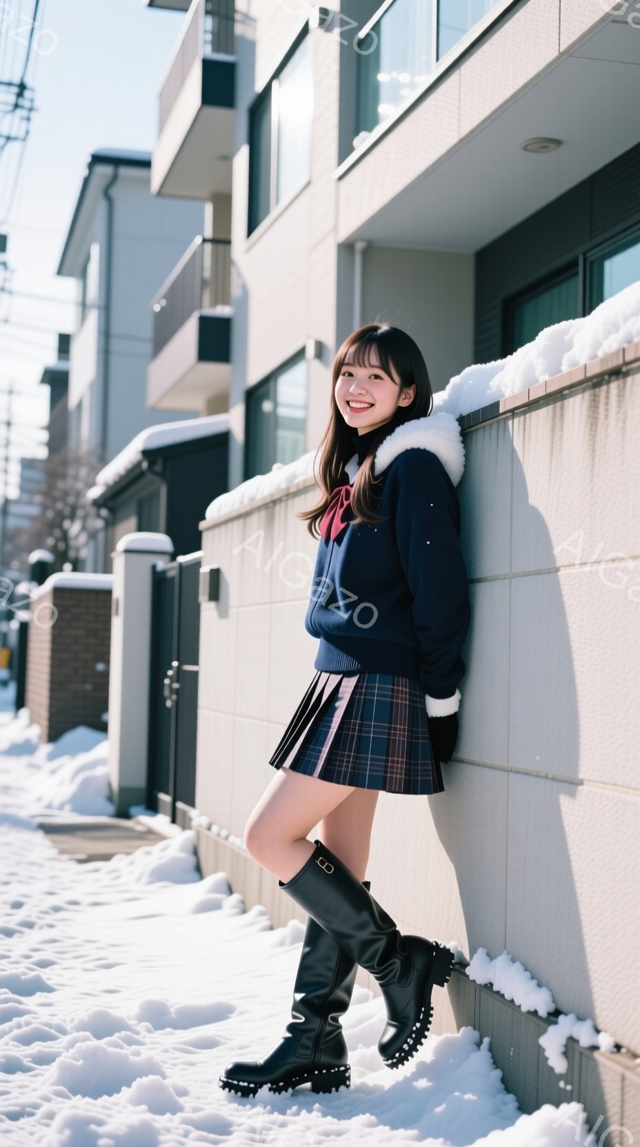 画像は、制服姿の若い女性が雪の積もった通りの壁にもたれて立っている様子を捉えています。彼女は紺色のセーラーカラーのカーディガン、チェック柄のプリーツスカート、黒いニーハイブーツを着用し、明るい笑顔を見せています。背景には、雪に覆われた住宅と冬の空が広がり、全体的に爽やかで可愛らしい雰囲気を醸し出しています。