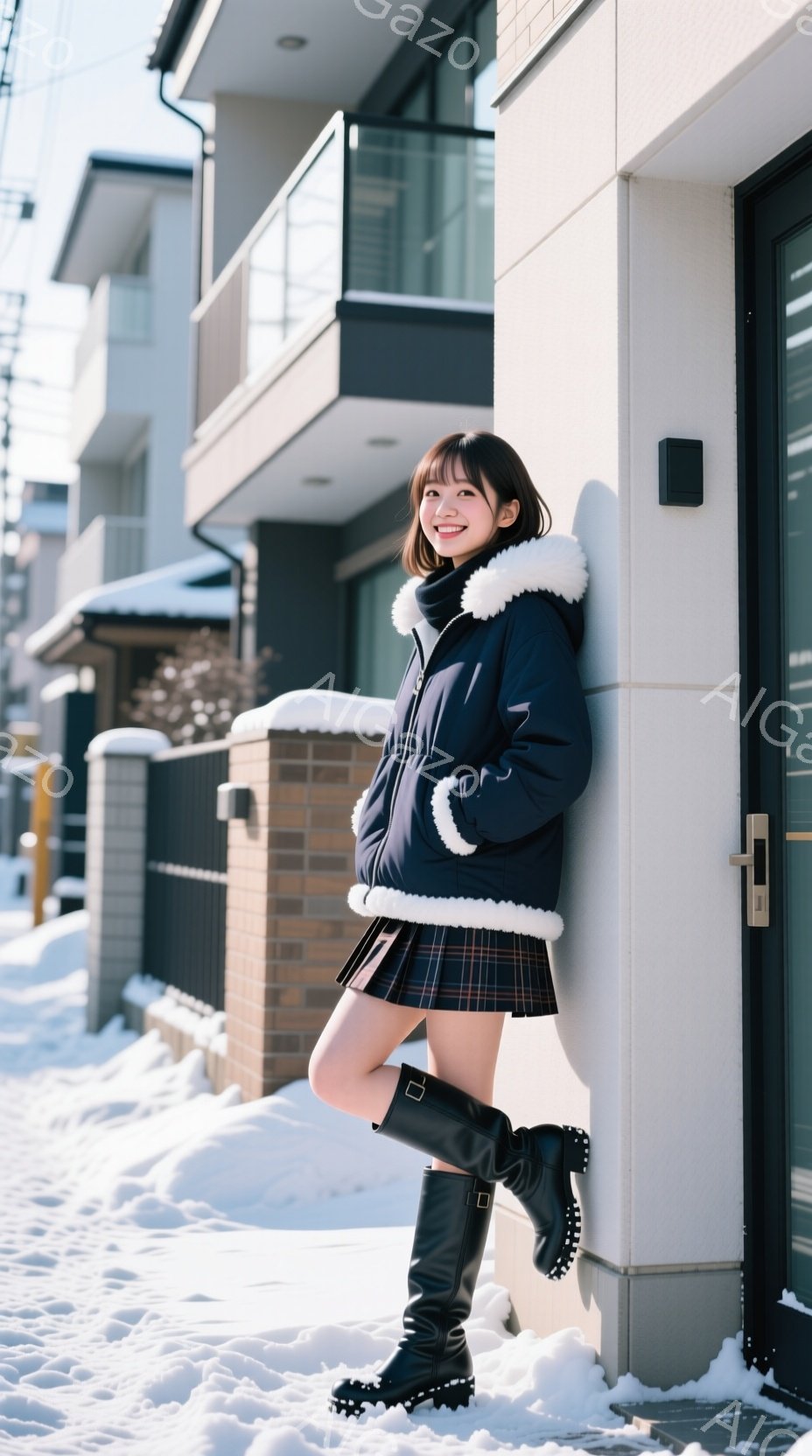 雪が積もる住宅街で、若い女性が壁にもたれて立っている。彼女は黒いファー付きのジャケット、チェック柄のスカート、黒いロングブーツを着用し、明るい笑顔を浮かべている。背景にはモダンなデザインの白い建物が並 - AI生成フリー素材