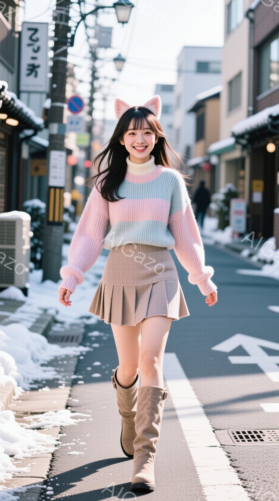 明るい笑顔の若い女性が、雪が積もる街路を歩いています。ピンクと白のストライプのセーターと、キャメル色のプリーツスカート、膝丈のブーツを着用し、頭には猫耳のアクセサリーをつけています。背景には木造の建物 - AI生成フリー素材
