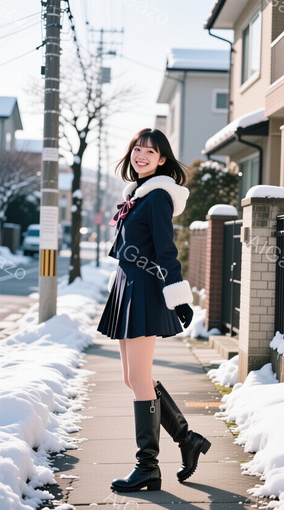 雪が積もる住宅街の歩道で、紺色の制服を着た女性がこちらを見ながら歩いている。彼女はショートヘアで、明るい笑顔を見せており、黒いロングブーツを履いている。背景には木々や家々が見え、冬の穏やかな雰囲気が漂 - AI生成フリー素材