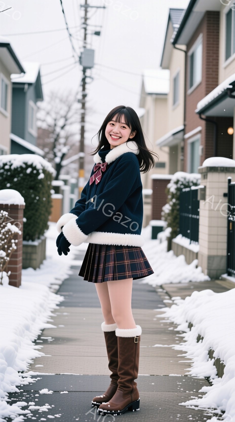 画像には、チェック柄のスカートと紺色のファー付きジャケットを着た若い女性が写っています。彼女は茶色のブーツを履き、少し微笑んでおり、雪が降る住宅街の歩道に立っています。背景には、雪に覆われた住宅と木々 - AI生成フリー素材