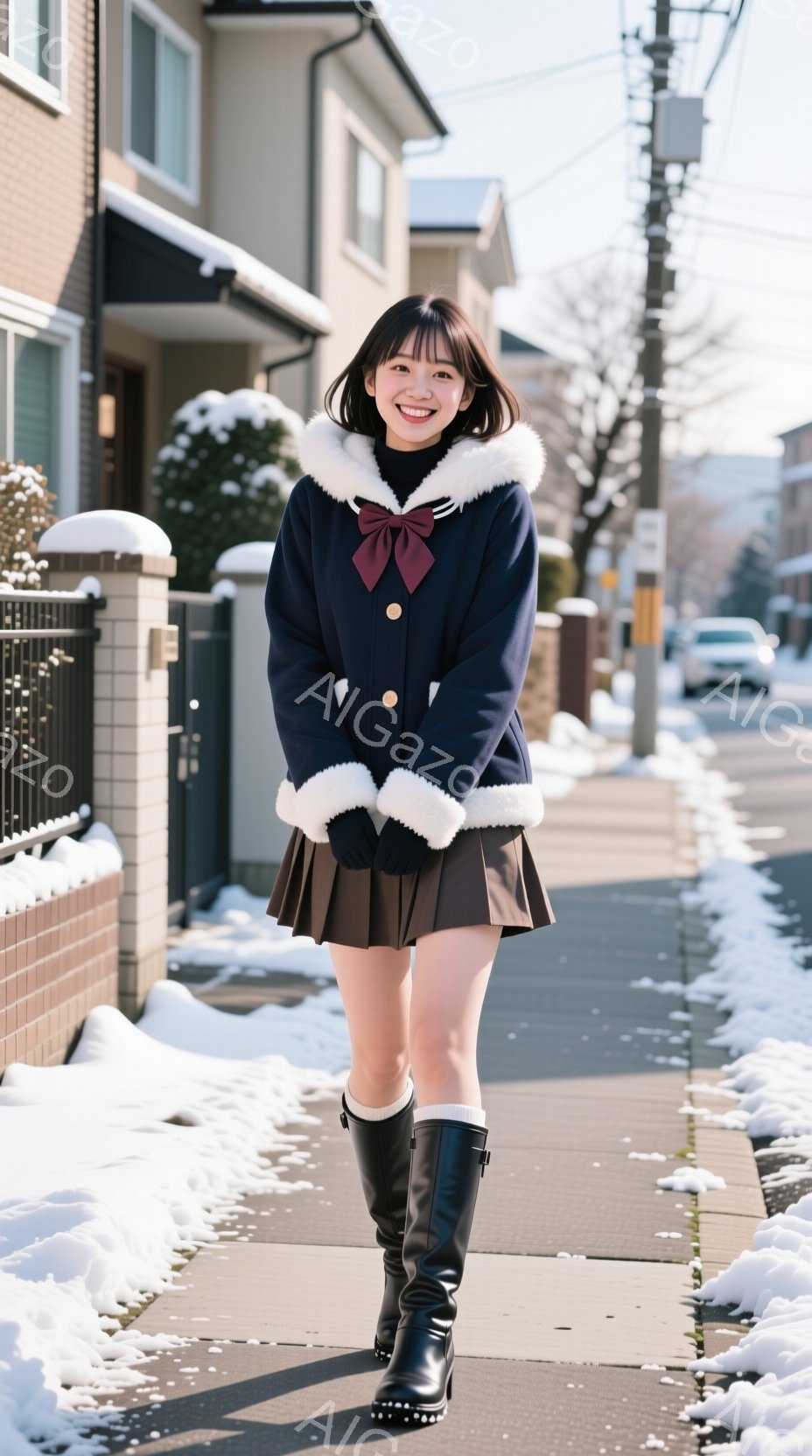 雪が降る住宅街で、若い女性が冬の装いで立っている。彼女は、白いファーの襟が付いた濃い青色のジャケット、黒いプリーツスカート、黒いニーハイブーツを着用し、赤いリボンで首元を飾っている。明るい笑顔を浮かべ - AI生成フリー素材