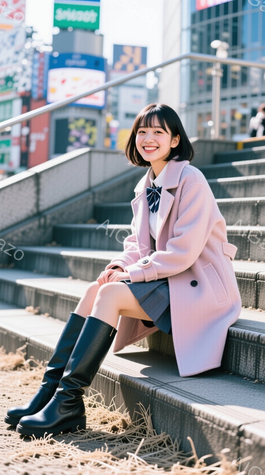 明るいピンク色のコートを羽織った若い女性が、石段に座って微笑んでいます。彼女は黒いニーハイブーツとチェック柄のスカートを履き、髪は短くカットされ、前髪が目にかかっています。背景には賑やかな街並みと、日 - AI生成フリー素材