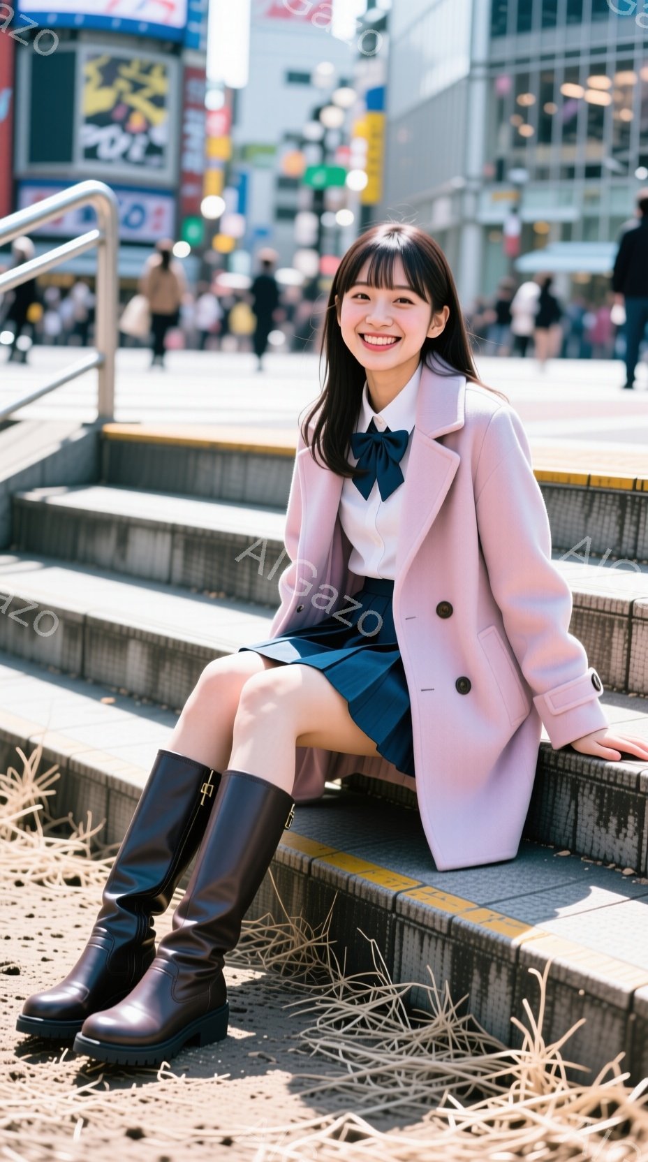 若い女性がコンクリートの階段に座っており、ピンク色のコート、白いシャツ、黒いスカート、膝丈の茶色いブーツを着用しています。彼女は微笑んでおり、髪は長く、黒髪で、前髪があります。背景には、多くの人が歩い - AI生成フリー素材