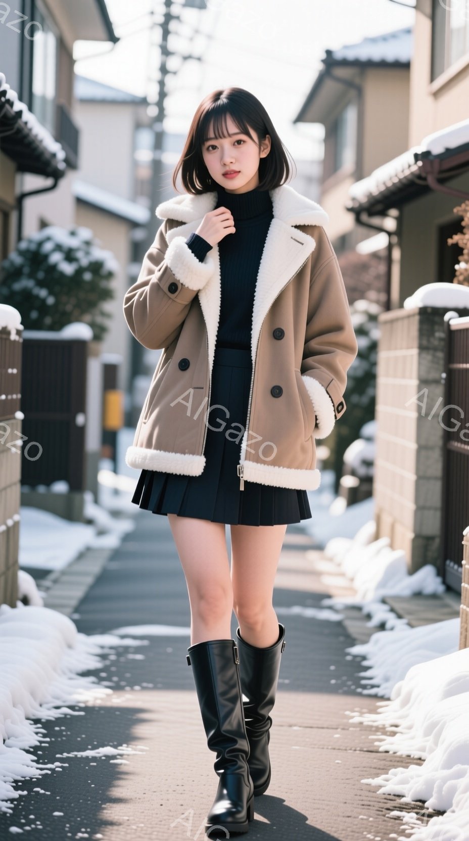 若い女性が雪の降る住宅街を歩いている。ベージュ色のボア襟のジャケット、黒いタートルネックセーター、プリーツのミニスカート、黒いロングブーツを身につけている。彼女は軽く微笑み、リラックスした表情で、日差 - AI生成フリー素材