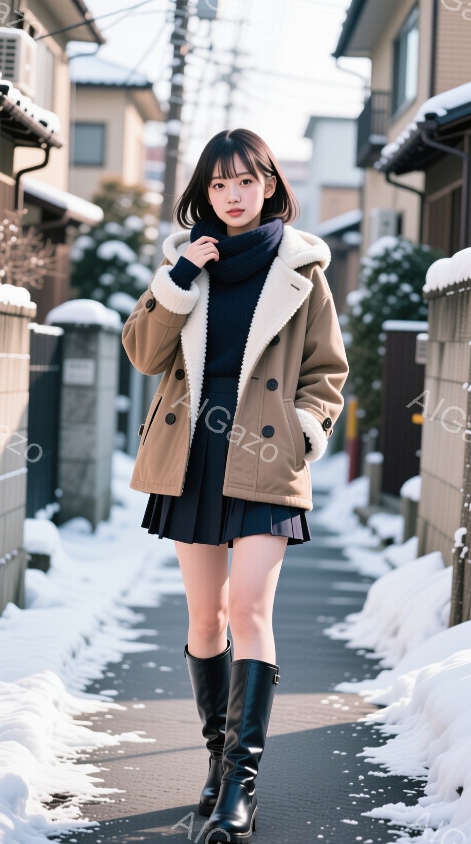 ショートヘアの女性が、紺色のセーターと黒いミニスカート、そして茶色でボア襟のついたコートを着ています。彼女は黒いロングブーツを履いており、少し微笑んでいる表情でカメラの方を見ています。背景は雪に覆われ - AI生成フリー素材