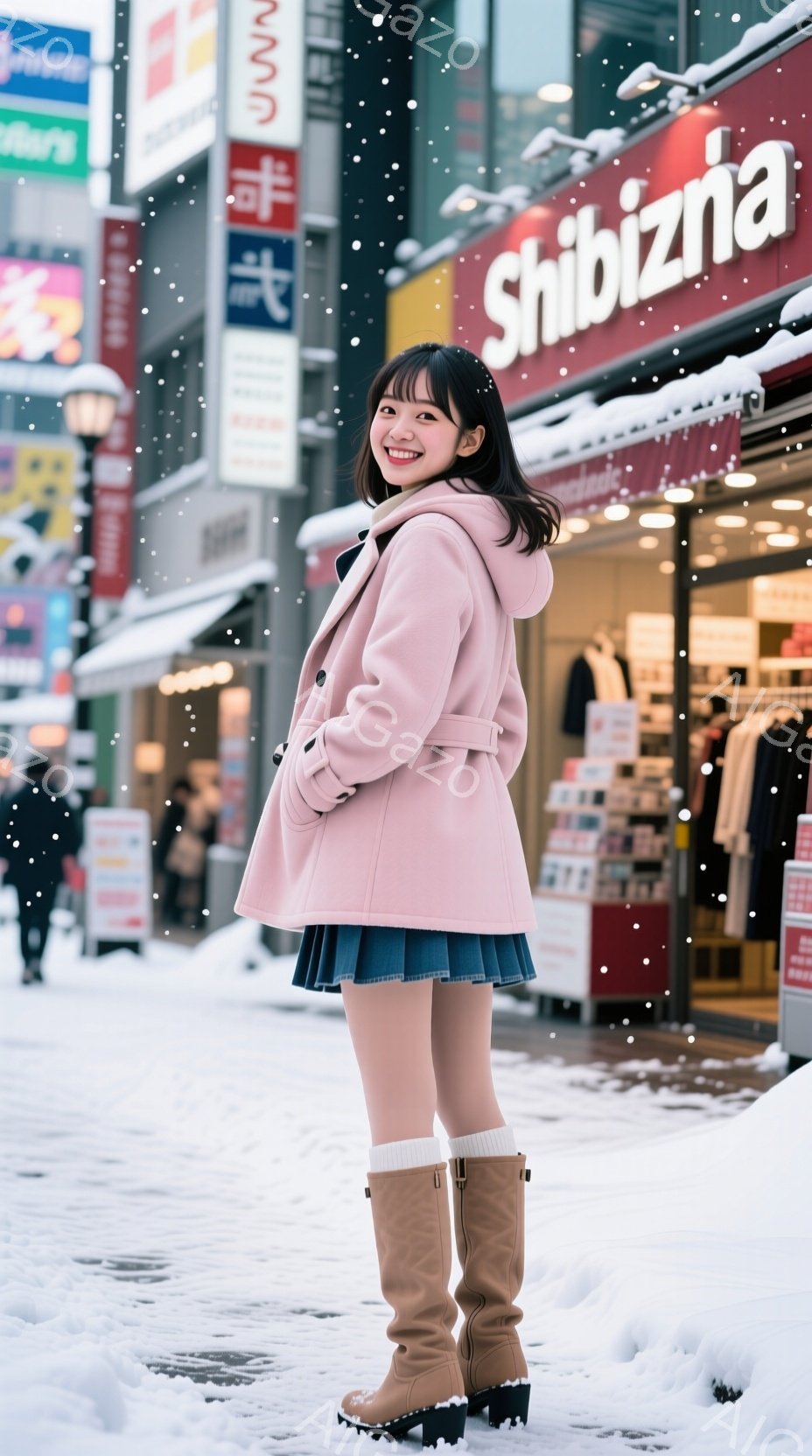 ピンク色のコートを着た若い女性が、雪の降る街路に立っています。彼女は茶色のブーツと短いスカート、そして白い靴下を履いており、顔には微笑みが浮かんでいます。背景には「Shibizna」と書かれたお店や他 - AI生成フリー素材