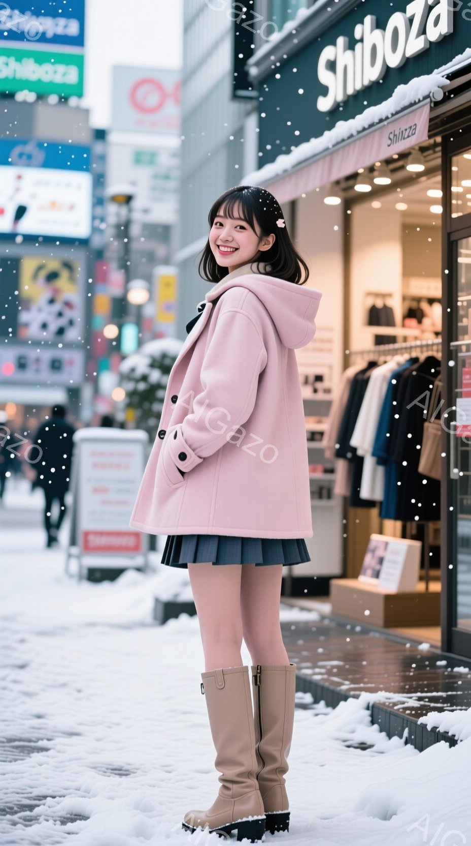 ピンク色のコートとプリーツスカートを身に着けた女性が、ベージュ色の膝丈ブーツを履いて立っている。彼女は微笑んでおり、髪は軽くカールしている。背景にはお店や通行人が見え、雪が降っていることから冬の街並み - AI生成フリー素材