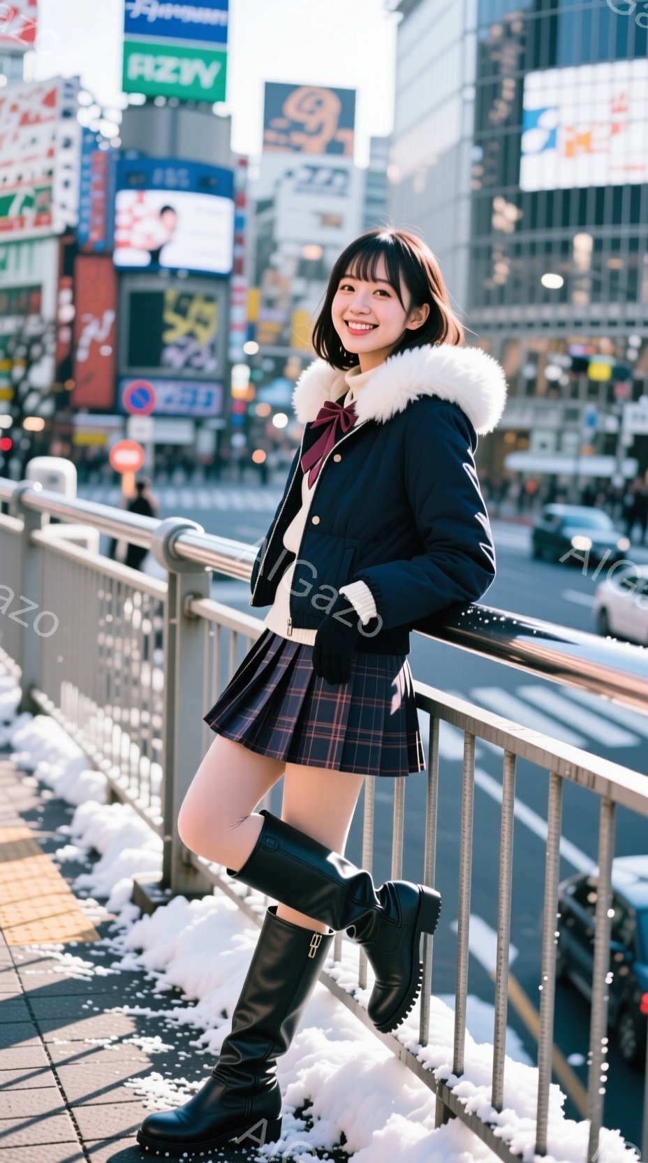 画像には、チェック柄のスカートと白いセーター、黒い冬用ジャケットを着た若い女性が写っています。彼女は黒いブーツを履き、少し微笑んで手すりに寄りかかっています。背景には賑やかな街並みと、わずかに雪が積も - AI生成フリー素材