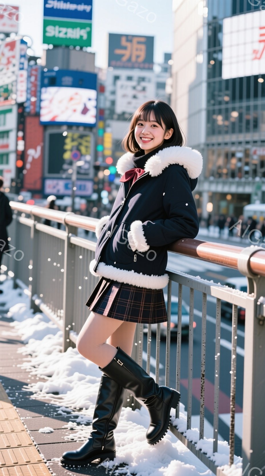 若い女性が街の路上に立っており、チェック柄のミニスカート、黒いブーツ、そして白いファーの襟が付いた黒いジャケットを着ています。彼女は少し微笑んでおり、片足を少し前に出してリラックスした姿勢で欄干にもた - AI生成フリー素材