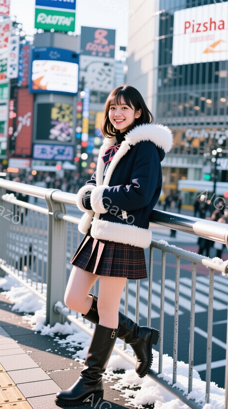 少女は、チェック柄のプリーツスカートと黒いロングブーツを履き、濃い青色のファー付きジャケットを着ています。彼女は笑顔で、少し体を傾けながら柵にもたれかかっており、背景には賑やかな街並みと広告が並び、雪がちらついています。全体的に、若々しく明るい雰囲気のストリートスナップ写真です。