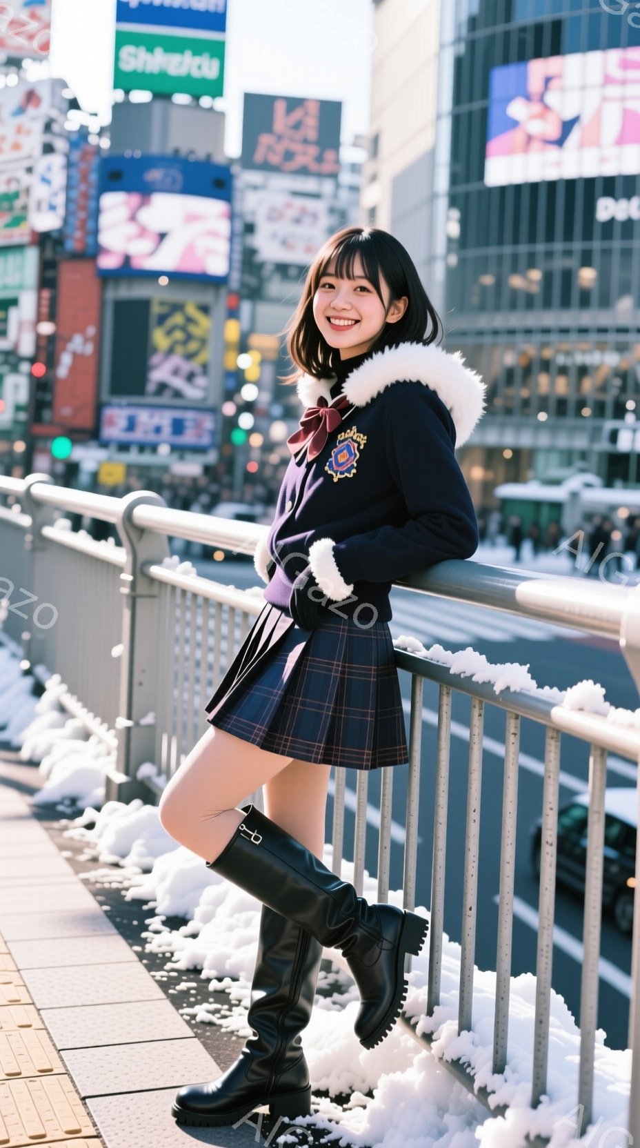 画像には、紺色の制服を着た若い女性が写っています。彼女は黒いロングブーツと、チェック柄のスカート、そして赤いリボンを付けており、微笑んでいます。背景には高層ビルが立ち並び、足元には雪が積もっており、冬の都会の活気ある雰囲気を表現しています。