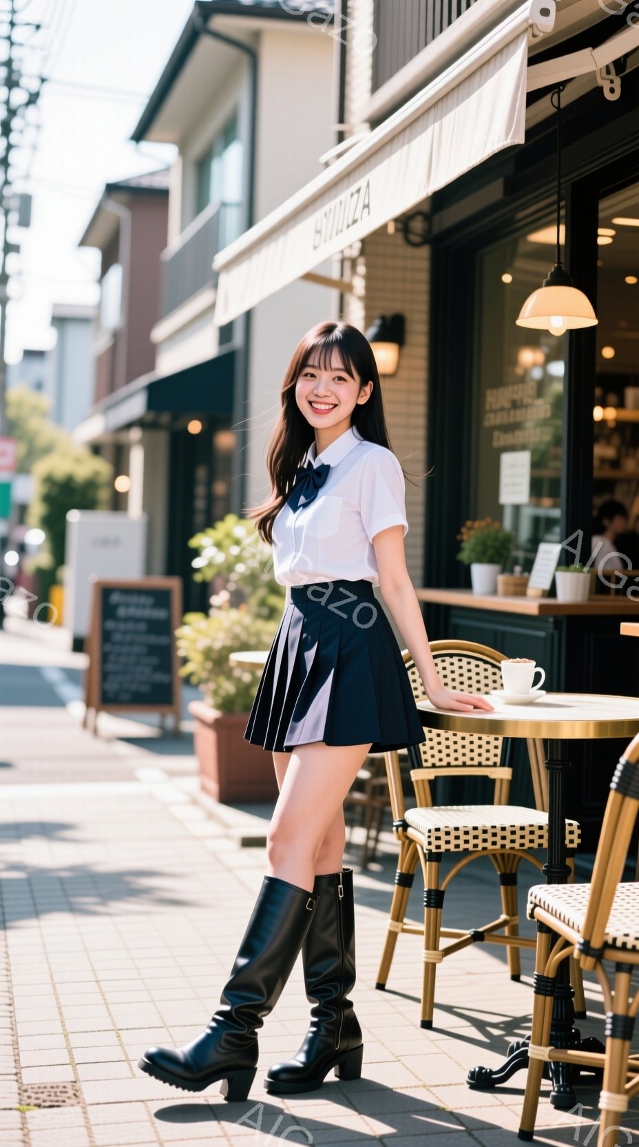 画像は、白いブラウスと黒のプリーツスカート、膝丈の黒いブーツを着用した若い女性が写っています。彼女は少し微笑んでおり、片手を腰に当てて、リラックスした姿勢で立っています。背景にはカフェのテラス席があり、白い日よけと黒い椅子が並び、晴れた日の穏やかな雰囲気を醸し出しています。