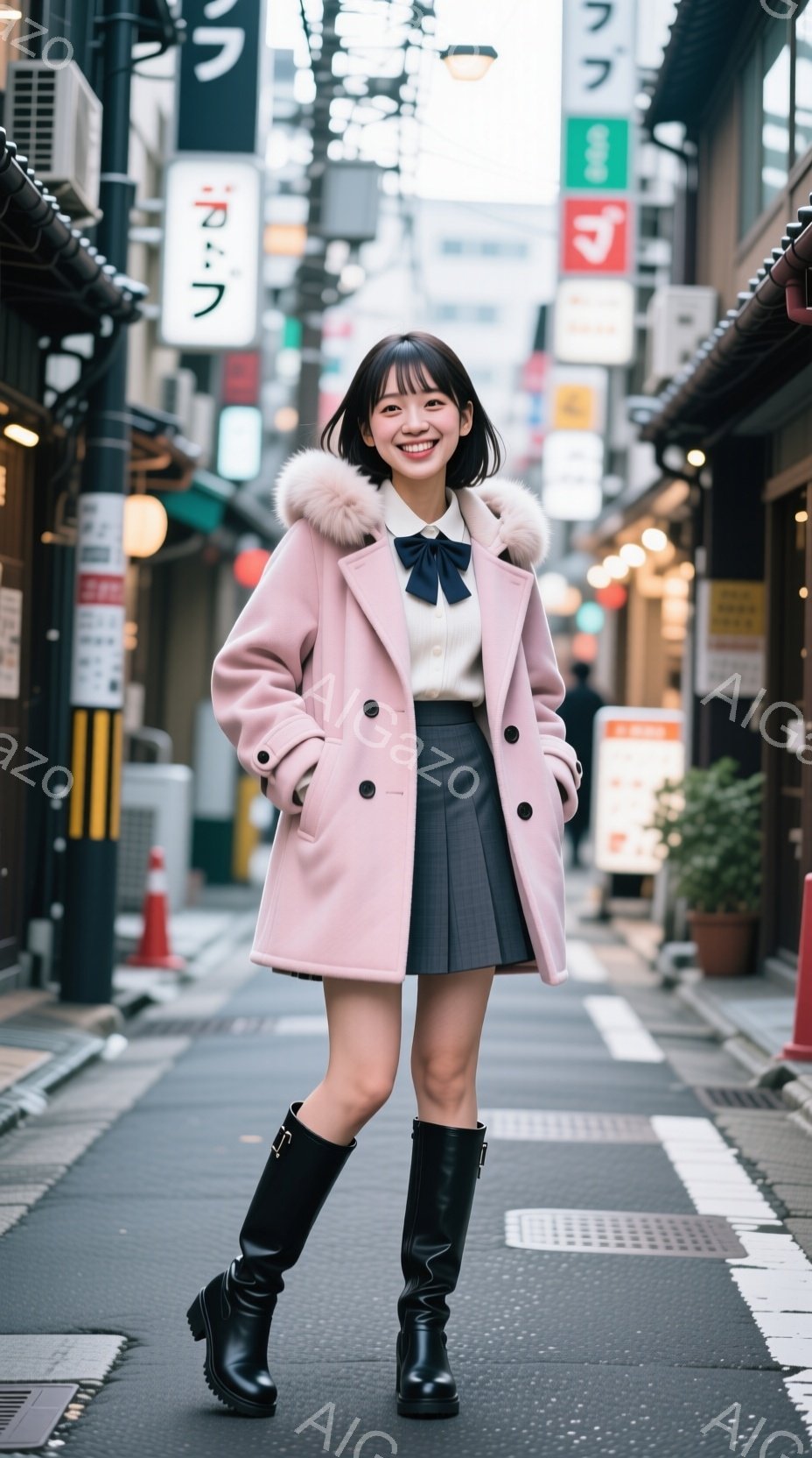 ピンク色のコートにグレーのプリーツスカート、黒いニーハイブーツを履いた女性が、路地で正面を向いて立っている。彼女は微笑んでおり、茶色の髪は肩のあたりでカットされている。背景には、看板や建物が並び、少し曇りの日らしい。