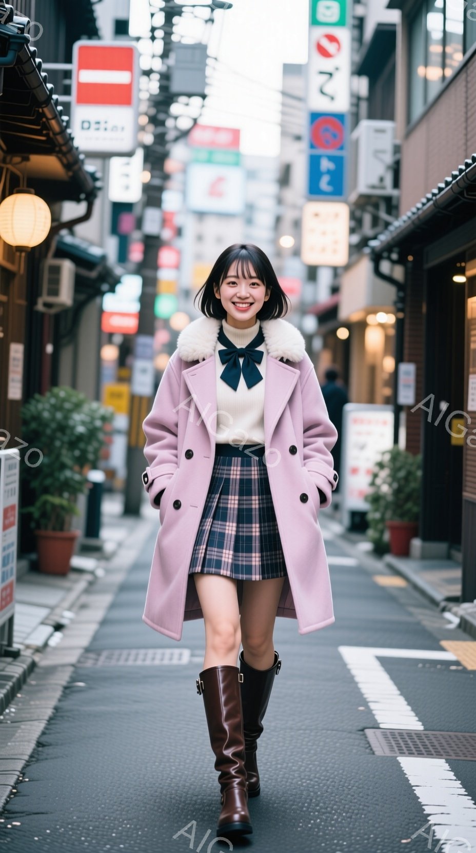 画像には、ピンク色のコートを着て、チェック柄のスカートを履いた若い女性が写っています。彼女は長い茶色のブーツを履き、笑顔でカメラに向かって歩いています。背景は、狭い路地と様々な看板のある日本の街並みで、少し曇った天候です。