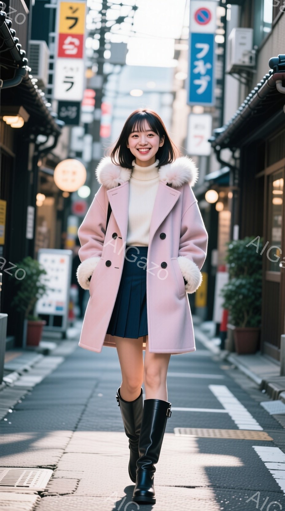 若い女性が、ピンク色のファー付きコートと青色のプリーツスカート、黒いロングブーツを着用し、石畳の路地を正面に向かって歩いている。彼女は笑顔で、明るい茶色の髪は肩のあたりで切り揃えられている。背景には伝統的な日本の建物が立ち並び、晴れた日の暖かい光が路地全体を照らしている。