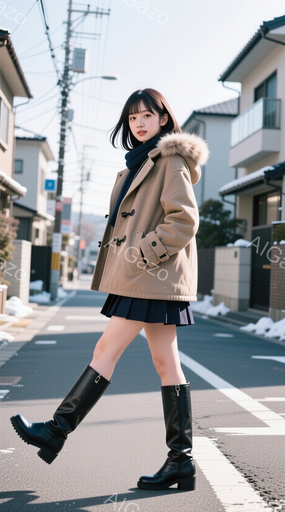 画像は、屋外の路上でポーズをとる若い女性を描写しています。彼女はベージュ色のフード付きコート、黒いスカート、黒いロングブーツを着ており、首には黒いマフラーを巻いています。背景には住宅や道路、そして日差しの下でわずかに雪が残る様子が見え、全体的に暖かく、カジュアルな雰囲気です。
