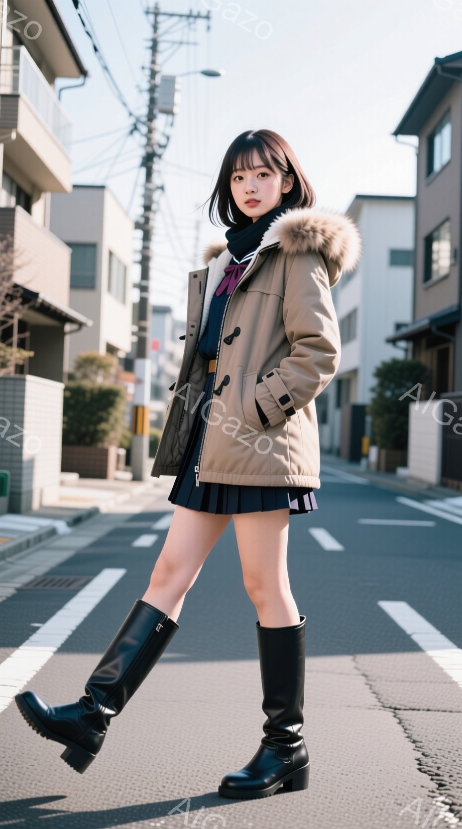 画像は、冬の制服姿の若い女性が、横断歩道で少し足を上げて歩いている様子を捉えています。彼女は、ファー付きのパーカー、プリーツスカート、黒のロングブーツを着用し、髪は肩までの長さで、前髪は軽くカールして - AI生成フリー素材