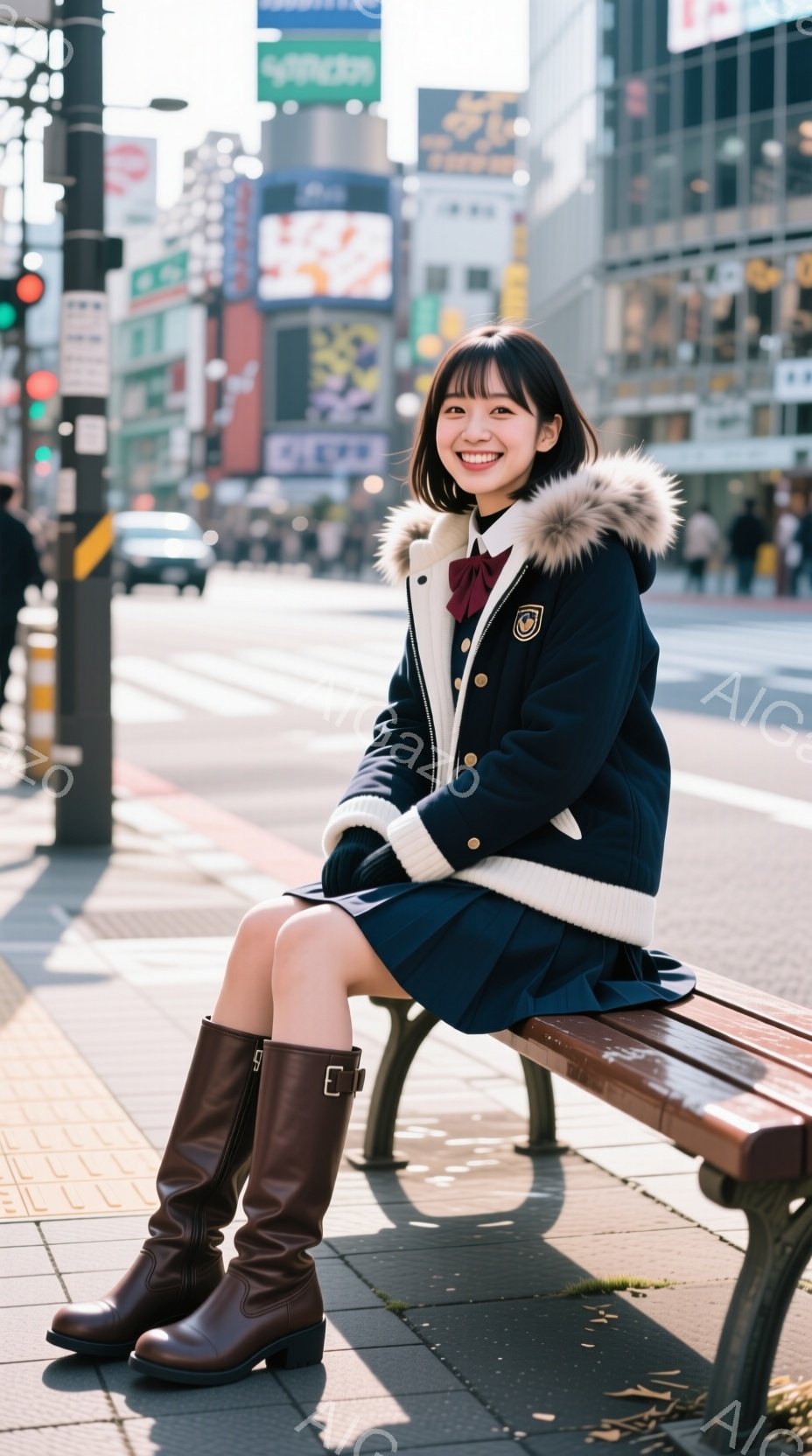 画像には、ベンチに座っている若い女性が写っています。彼女は紺色のコート、茶色のブーツ、そして赤いネクタイをつけており、明るい笑顔を浮かべています。背景には、多くの看板や建物が見え、賑やかな街並みと晴天 - AI生成フリー素材