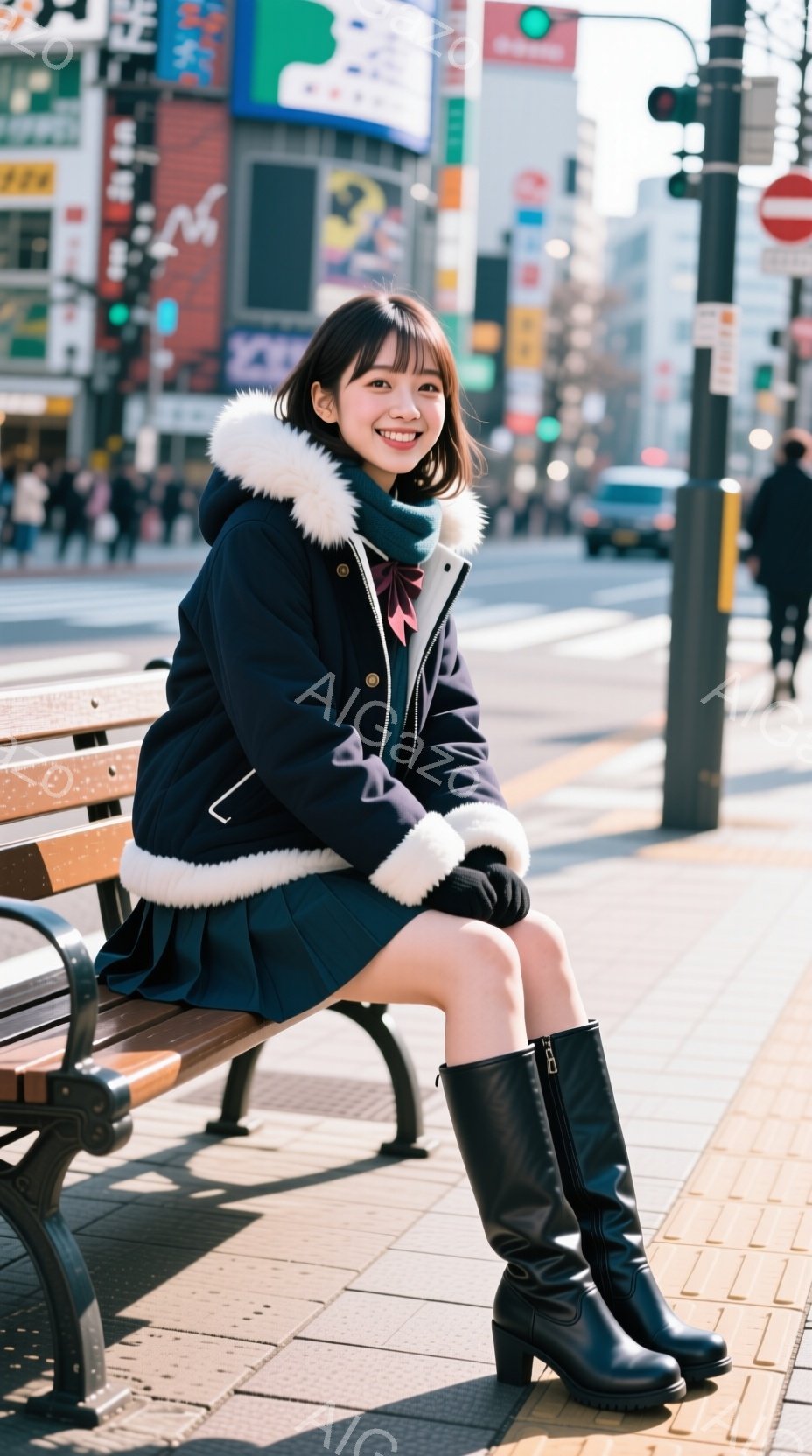 画像には、冬の街並みを背景に、ベンチに座る若い女性が写っています。彼女は黒のファー付きのコート、プリーツスカート、黒いブーツを着用し、笑顔を見せています。背景には高層ビルや商店街が広がり、晴天の下、活 - AI生成フリー素材