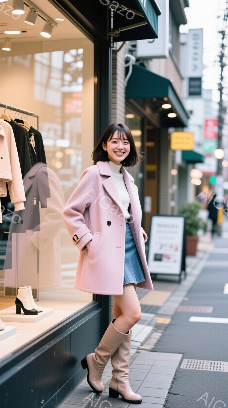 若い女性がピンク色のコートを着て、水色のスカートとベージュ色のブーツを履いています。彼女は少し微笑んでおり、片足を前に出してリラックスした姿勢で立っています。背景にはガラス張りのショーウィンドウと、歩 - AI生成フリー素材