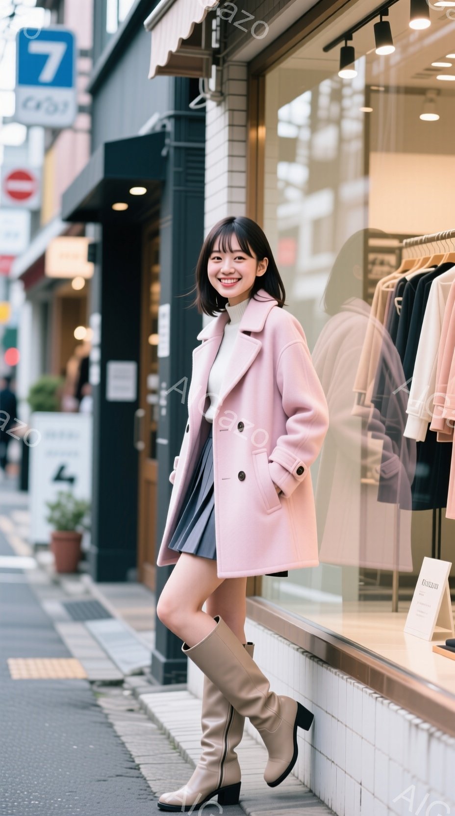 ピンク色のコートを羽織った若い女性が、クリーム色の膝丈ブーツを履いて立っています。彼女は微笑んでおり、髪は前髪を短くしたミディアムレングスのスタイルです。背景には商店が並び、歩道と灰色の空が広がってお - AI生成フリー素材