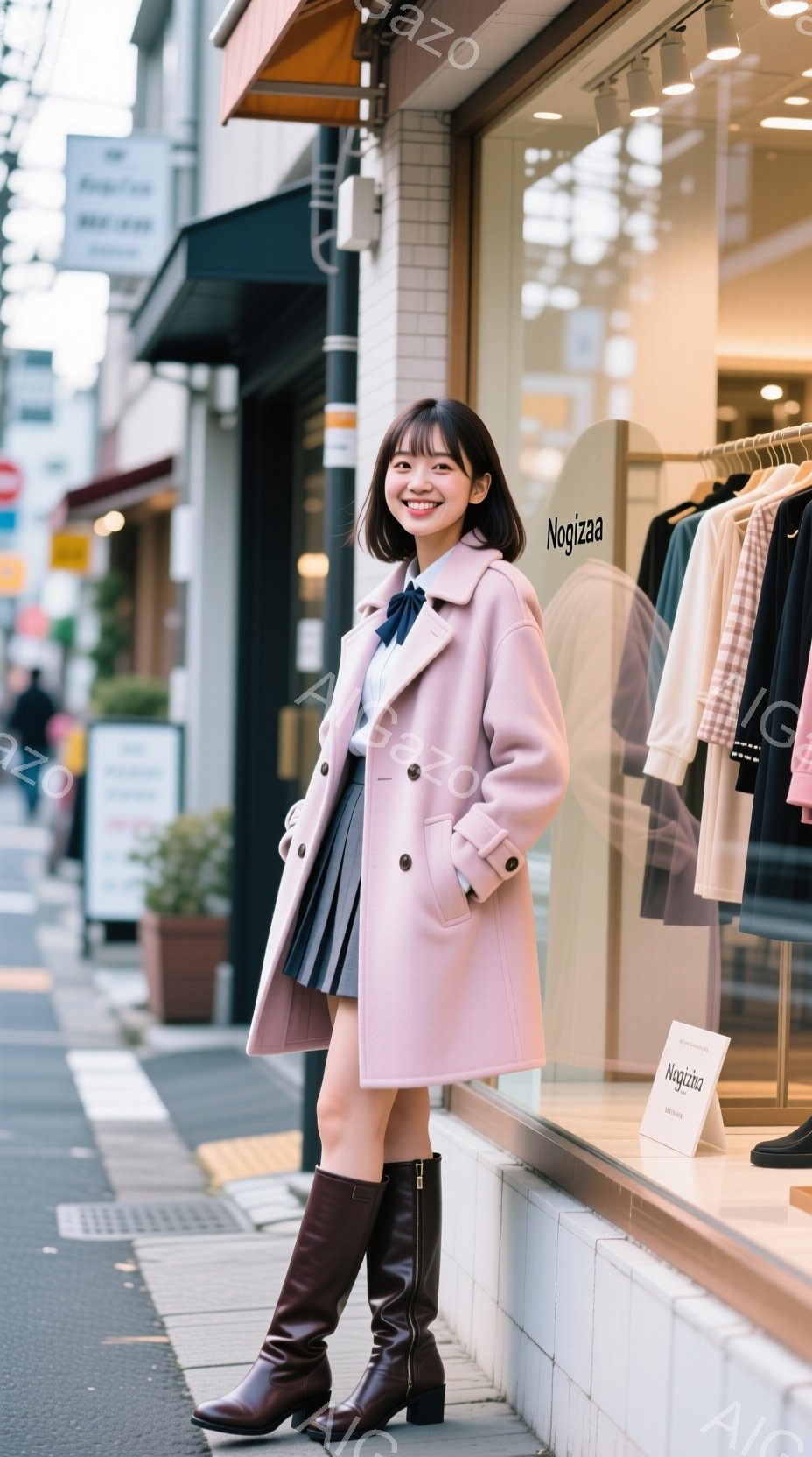ピンク色のコートとチェックのスカートを身につけた女性が、茶色の膝丈ブーツを履いて立っています。彼女は微笑んでおり、髪は前髪を少しおろしたスタイルです。背景には店舗のショーウィンドウと街並みが広がってお - AI生成フリー素材