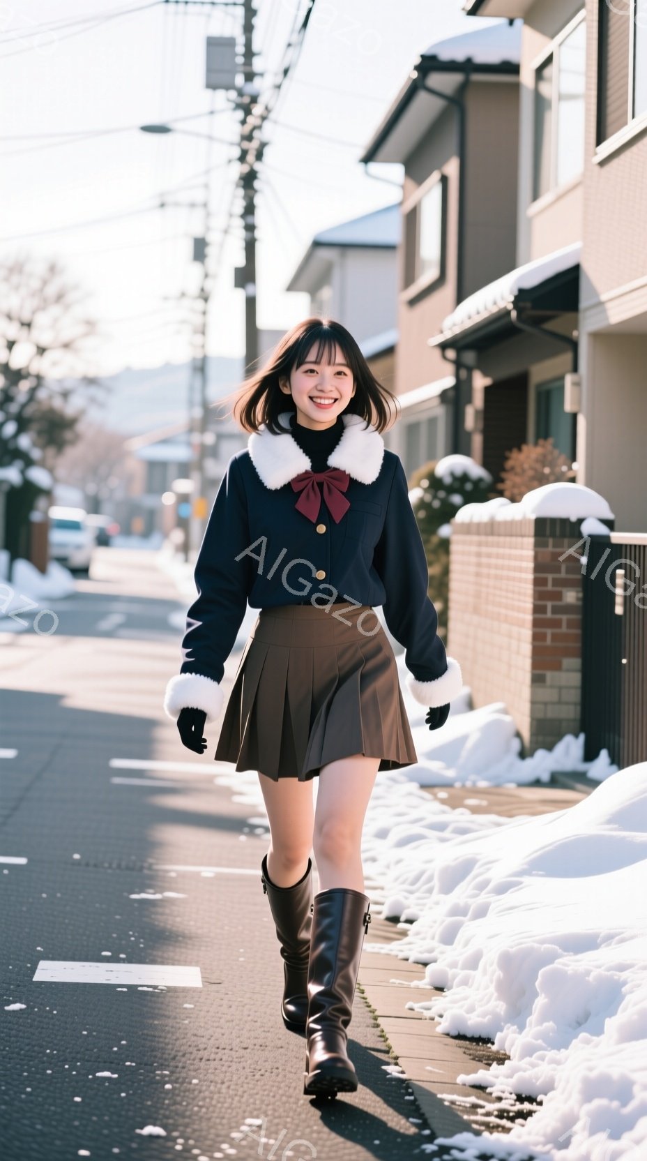 画像は、雪が積もった住宅街を歩く若い女性を捉えています。彼女は紺色のファー付きジャケット、プリーツスカート、ロングブーツを着用し、笑顔でカメラの方を見ています。背景には木造の家々が並び、晴天で雪景色が広がっています。