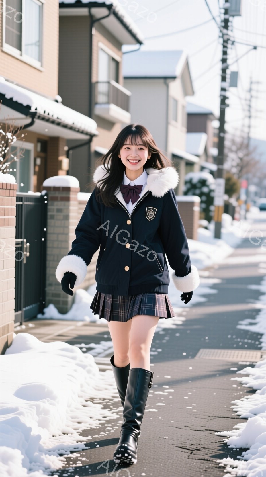 画像は、冬の晴れた日に雪道を行く女子高生を描いています。彼女は紺色のファー付きのジャケット、チェック柄のスカート、黒いブーツを履き、笑顔で前を見据えています。背景には住宅街が広がり、雪が積もった穏やかな雰囲気が漂っています。