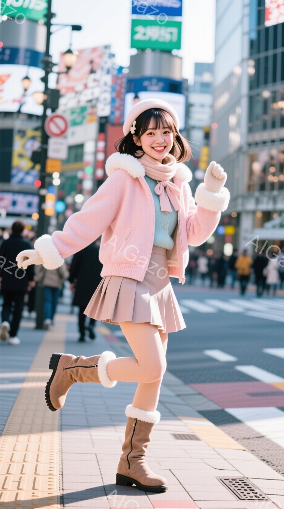 画像は、ピンク色の服を着た若い女性が、街路を軽快に歩いている様子を捉えています。彼女は、ふわふわの襟付きのピンクのジャケット、ピンクのプリーツスカート、そして茶色のブーツを着用しており、明るい笑顔を見 - AI生成フリー素材