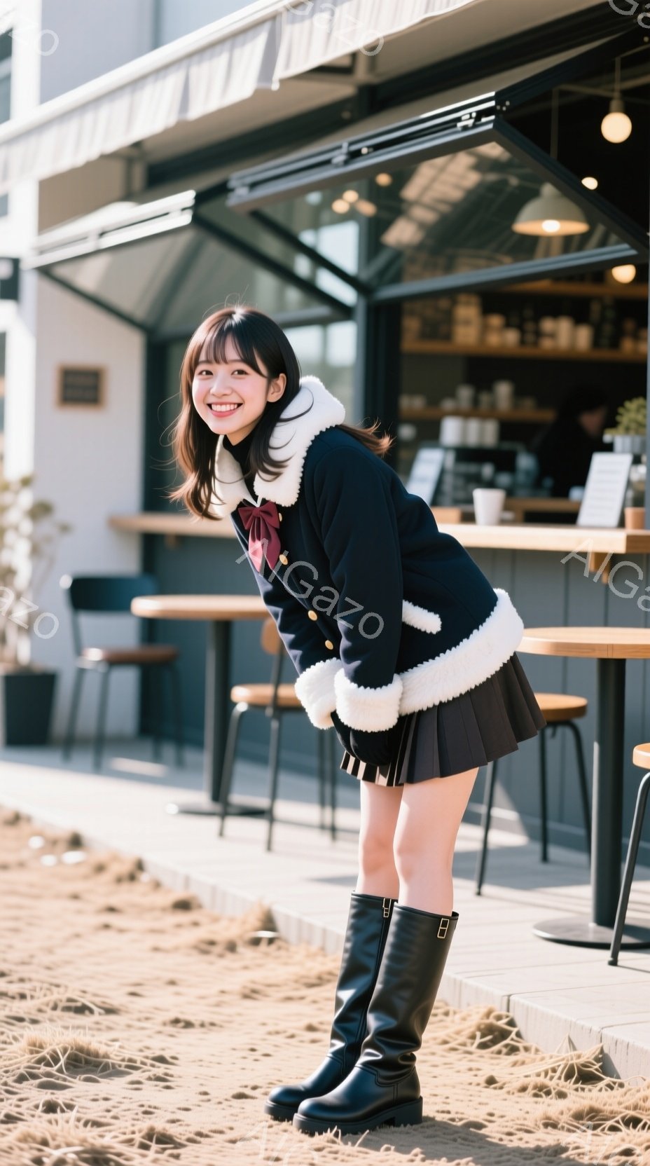 画像には、短いプリーツスカートと黒いブーツを履いた若い女性が写っています。彼女は黒と白のフリル付きのジャケットを着ており、少し体を傾け、笑顔を浮かべています。背景には、テーブルと椅子が並んだカフェの外 - AI生成フリー素材