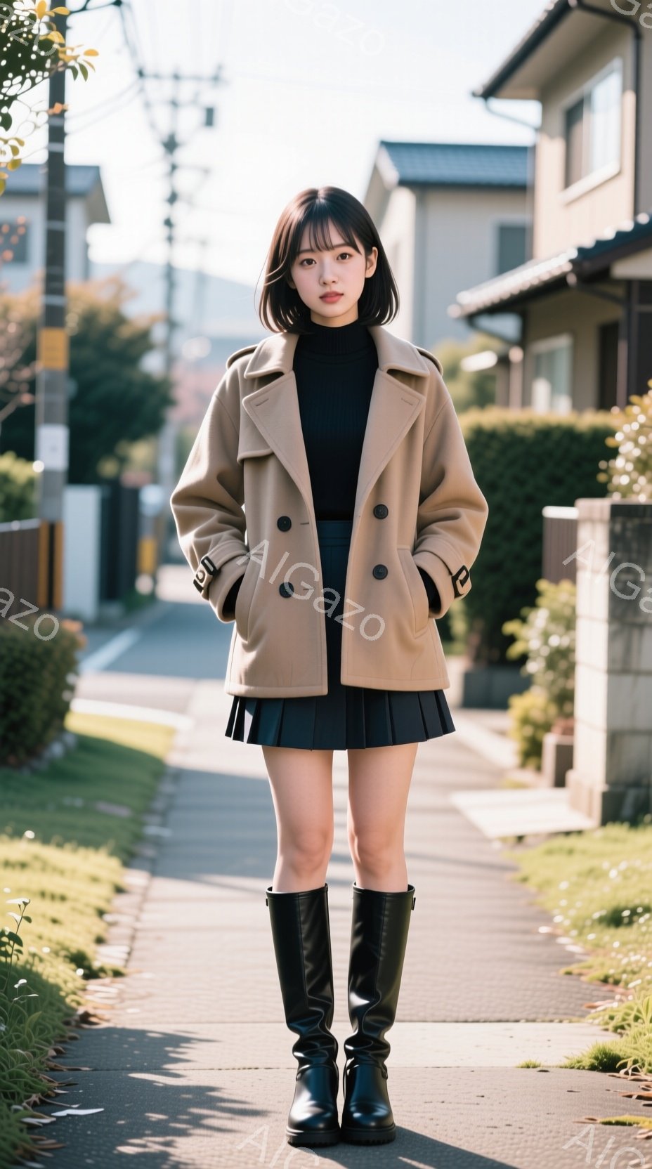 若い女性が住宅街の歩道に立っている。彼女は黒のタートルネックセーター、プリーツのミニスカート、そして黒いロングブーツを着用し、ベージュ色のオーバーサイズのコートを着ている。彼女は髪を肩まで伸ばし、前髪 - AI生成フリー素材