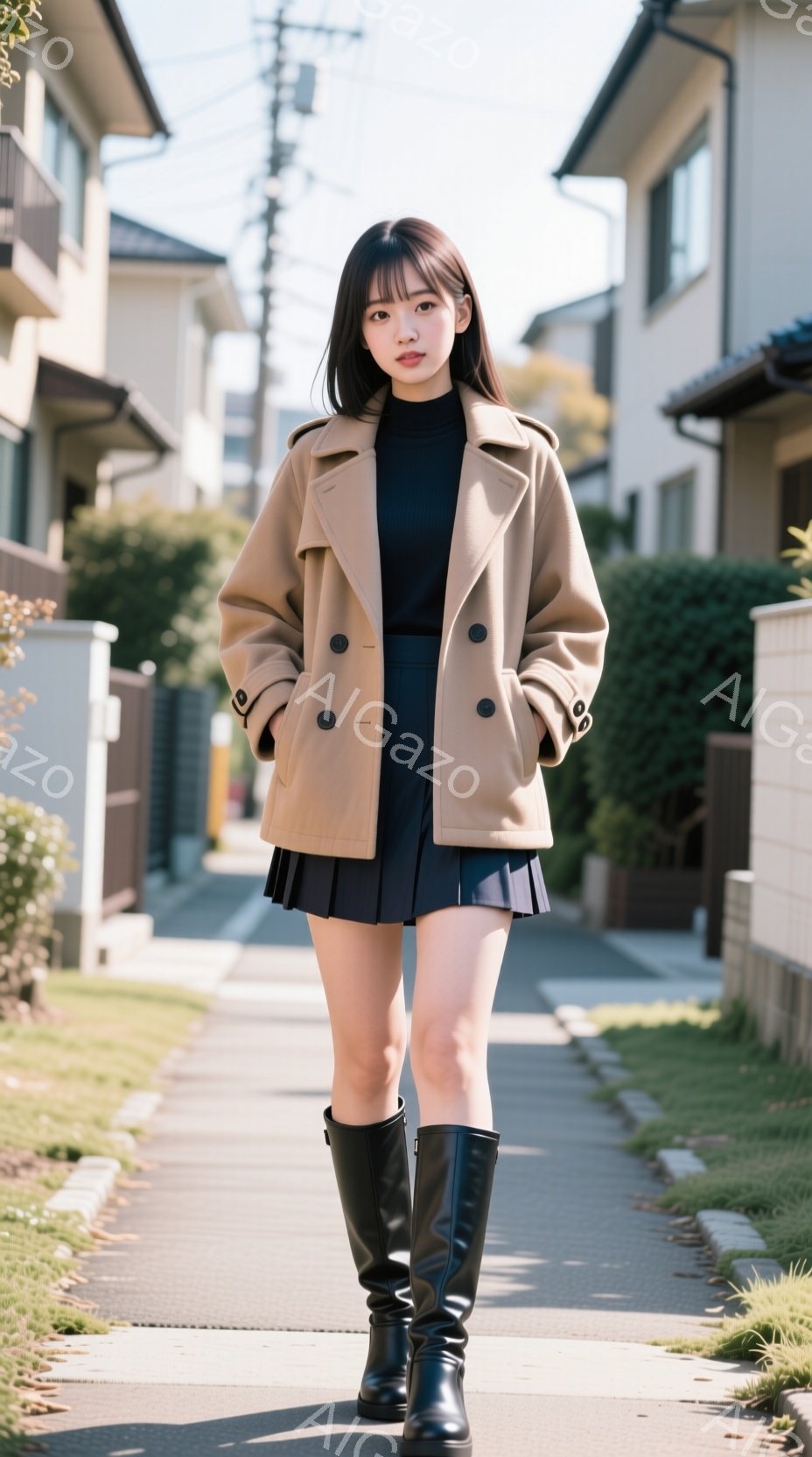 モデルは、短いプリーツスカートと黒いタートルネックセーターに、キャメル色のオーバーサイズコートを羽織っています。黒いロングブーツを履き、ストレートに正面を見据えた姿勢で、やや微笑んでいます。背景には住 - AI生成フリー素材