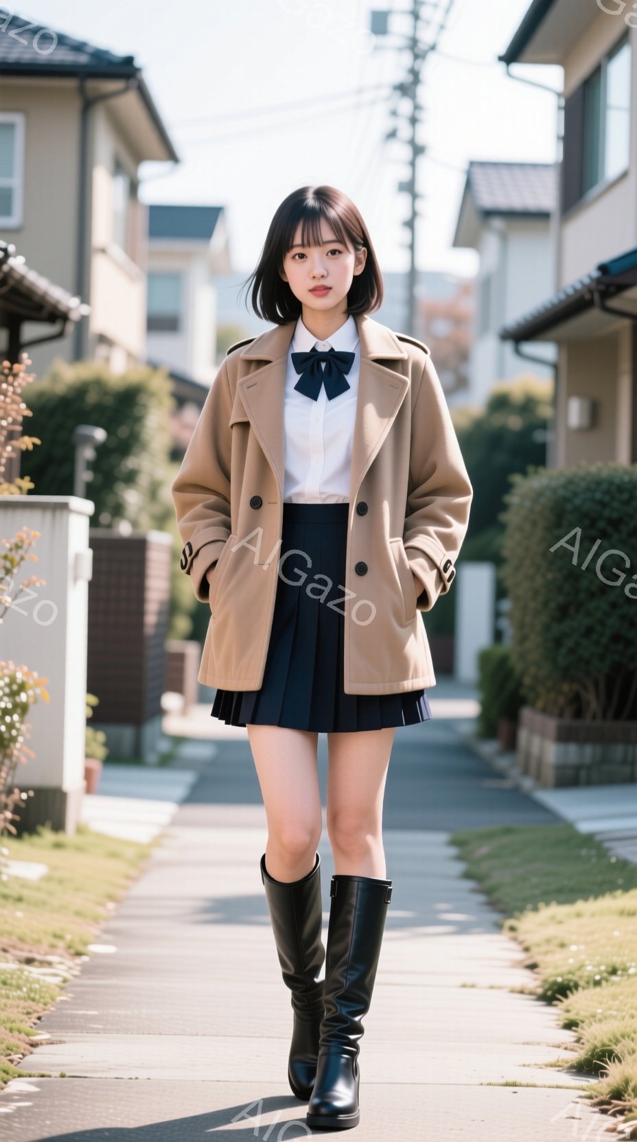 画像は、茶色のオーバーコート、白いシャツ、黒いプリーツスカート、黒いロングブーツを着用した若い女性が写っています。彼女は道の中央をまっすぐ歩いており、表情は穏やかで、髪は肩までの長さで、前髪が少し目にかかっています。背景には住宅が並び、天候は晴れで、穏やかな雰囲気です。