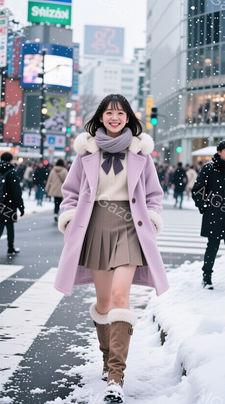 渋谷のスクランブル交差点で、若い女性が紫色のコートと茶色のスカート、ブーツを身につけて歩いています。彼女は笑顔で、リボン付きのセーターを着ており、雪が降る中、自信に満ちた姿勢で歩いています。背景には多 - AI生成フリー素材