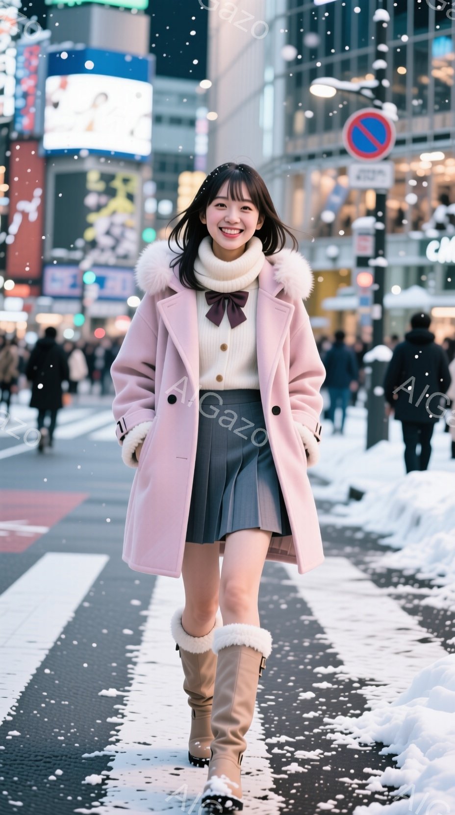 若い女性が横断歩道でカメラに向かって歩いており、ピンク色のファーカラーのコート、白いセーター、黒のプリーツスカート、そしてファーが装飾されたブーツを着用しています。彼女は微笑んでおり、髪は肩にかかる長 - AI生成フリー素材