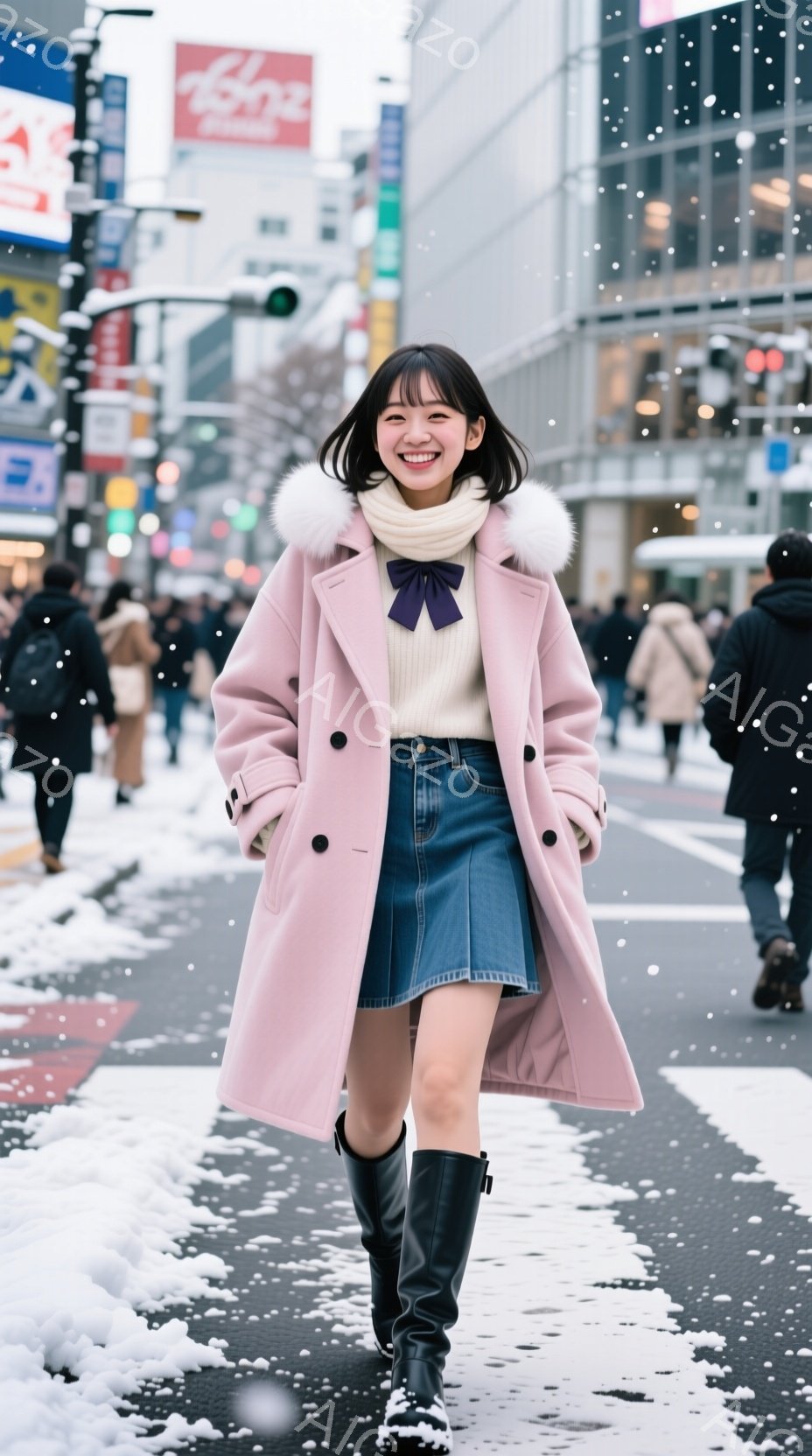 雪が降る街中で、ピンク色のコートを着た女性が歩いている。彼女は白いセーターとデニムのスカートを合わせ、黒いブーツを履いている。明るい笑顔と前髪を上げたヘアスタイルが印象的で、街の喧騒の中にも暖かな雰囲 - AI生成フリー素材