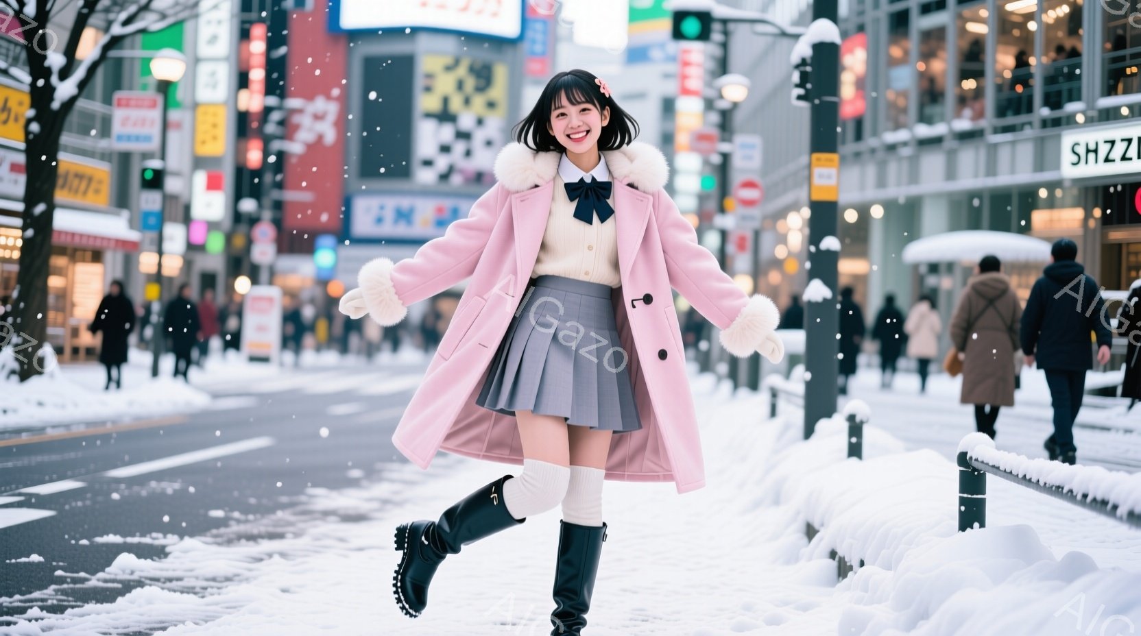 ピンク色のコートに白いセーター、チェック柄のスカート、膝丈の黒いブーツを履いた女性が、雪の降る街路を軽快にスキップしている。彼女は明るい笑顔を浮かべ、片手を上げており、その表情と姿勢からは喜びと活気が - AI生成フリー素材